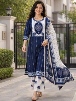 Gahan - Womens Navy Blue Handloom Dobby Weave Pure Cotton Kurta with Palazzo & Dupatta