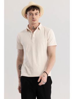 Snitch - Beige Self-Design Half Sleeves Slim Casual Polo T-Shirt for Men