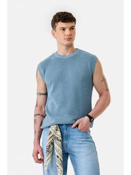 Snitch - Blue Textured Sleeveless Regular Casual T-Shirt for Men