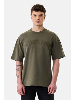 Snitch - Olive Embossed Half Sleeves Oversized Casual T-Shirt for Men