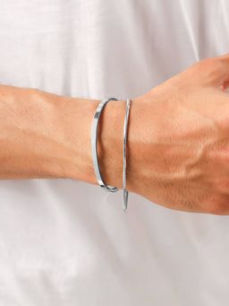 Yellow Chimes - Silver Stainless Steel Kada Bracelets for Men (Pack Of 2)