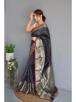 EXCLUSIVA - Navy Blue Woven Banarasi Saree with Unstitched Blouse