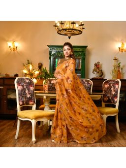Disli - Mustard Mirror Work Floral Organza Saree with Unstitched Blouse