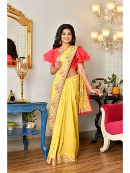 Disli - Yellow Thread Work Embroidered Blended Fabric Saree with Unstitched Blouse