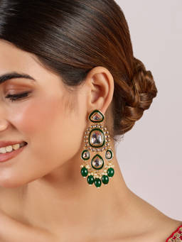 Azai by Nykaa Fashion - Green Kundan Studded Enamelled Festive Drop Earrings