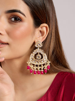 Azai by Nykaa Fashion - Gold and Pink Kundan Studded Bead Danglers Festive Chandbaali Earrings