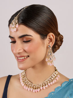 Azai by Nykaa Fashion - Pink Kundan Enamelled Festive Choker with Earrings & Maangtikka (Set of 3)