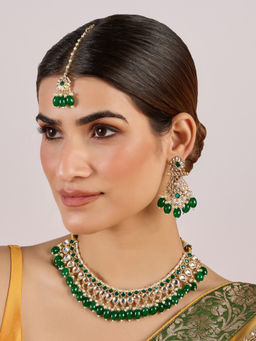 Azai by Nykaa Fashion - Green Kundan Beaded Festive Choker with Drop Earrings & Maangtikka (Set of 3)