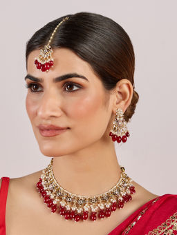 Azai by Nykaa Fashion - Red Kundan Beaded Festive Choker with Drop Earrings & Maangtikka (Set of 3)
