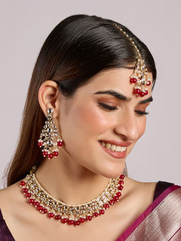 Azai by Nykaa Fashion - Red Kundan Beaded Festive Necklace with Earrings and Maangtikka (Set of 3)