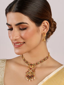 Azai by Nykaa Fashion - Gold and Multi-Color Stones Festive Temple Necklace with Earrings (Set of 2)