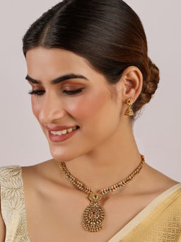 Azai by Nykaa Fashion - Gold Intricate Design Stones Festive Temple Necklace with Jhumkis (Set of 2)