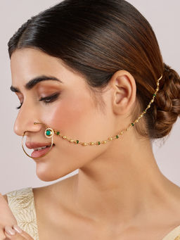 Azai by Nykaa Fashion - Gold and Green Pearl Beaded Chain Festive Nose Ring