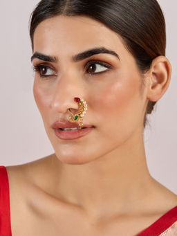 Azai by Nykaa Fashion - Gold Multi-Color Stone and Pearls Festive Traditional Nose Ring