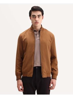 Rare Rabbit - Bonto Light Brown High Neck Relaxed Plain Jacket
