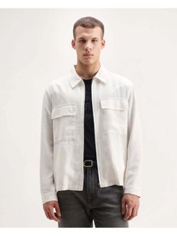 Rare Rabbit - Jomo White Linen Blend Plain Relaxed Fit Full Sleeve Collared Shacket