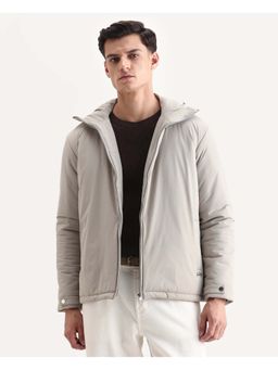 Rare Rabbit - Kost Light Grey Nylon Fabric High Neck Relaxed Plain Jacket