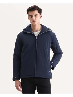 Rare Rabbit - Kost Navy Blue Fabric High Neck Relaxed Fit Plain Jacket