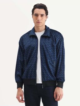 Rare Rabbit - Log Blue Cotton Blend Fabric Spread Collar Regular Fit Printed Jacket