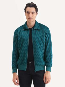 Rare Rabbit - Log Teal Cotton Blend Fabric Spread Collar Regular Fit Printed Jacket