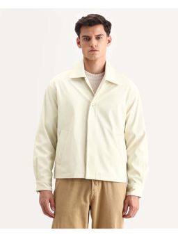 Rare Rabbit - Pomer Off White Polyester Fabric Collared Neck Relaxed Plain Jacket