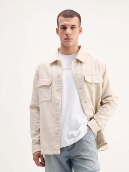 Rare Rabbit - Prest-26 Off White Cotton Plain Regular Fit Full Sleeve Collared Shacket