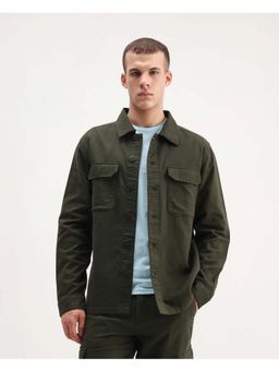 Rare Rabbit - Prest-26 Olive Cotton Plain Regular Fit Full Sleeve Collared Shacket