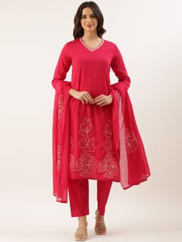 NEERU'S - Women Pink Rayon Thread Work Kurta with Pant and Dupatta