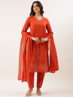 NEERU'S - Women Rust Rayon Thread Work Kurta with Pant and Dupatta