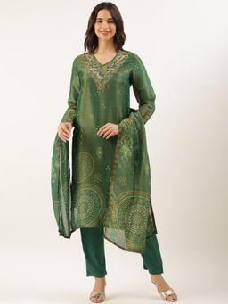 NEERU'S - Women Green Tissue Thread Work Kurta with Pant and Dupatta