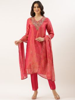 NEERU'S - Women Pink Tissue Thread Work Kurta with Pant and Dupatta