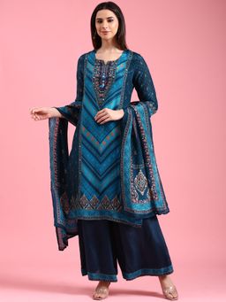 NEERU'S - Women Blue Crepe Mirror Work Kurta with Palazzo and Dupatta