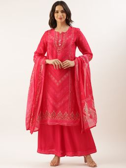 NEERU'S - Women Pink Crepe Mirror Work Kurta with Palazzo and Dupatta