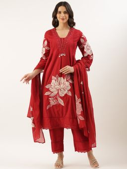 NEERU'S - Women Maroon Cotton Beads and Stones Kurta with Pant and Dupatta