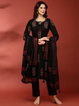 NEERU'S - Women Black Cotton Embellished/Sequined Kurta with Pant and Dupatta