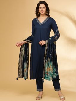 NEERU'S - Women Blue Rayon Thread Work Kurta with Pant and Dupatta