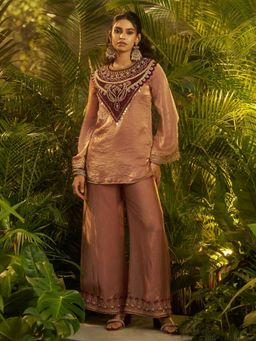 Odette - Women Brown Silk Blend Beads and Stones Kurta with Palazzo