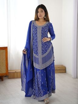 Odette - Women Blue Georgette Thread Work Kurta with Sharara and Dupatta