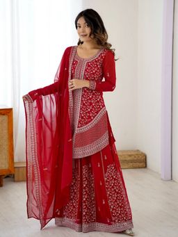 Odette - Women Red Georgette Thread Work Kurta with Sharara and Dupatta