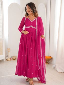 Odette - Women Pink Georgette Thread Work Kurta with Pant and Dupatta