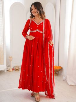 Odette - Women Red Georgette Thread Work Kurta with Pant and Dupatta
