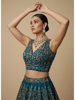 HAPPY OWL - Women Teal Embroidered Georgette Sleeveless Stitched Blouse