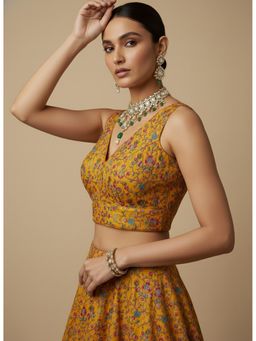 HAPPY OWL - Women Mustard Embroidered Georgette Sleeveless Stitched Blouse