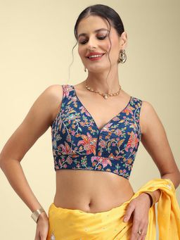 HAPPY OWL - Women Navy Blue Embroidered V Neck Stitched Blouse