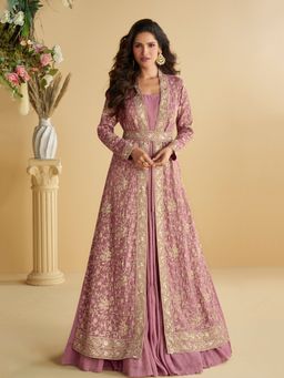 JATRIQQ - Pink Chinon Silk with Embroidered Work Gown with Shrug and Belt