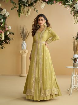 JATRIQQ - Green Chinon Silk with Embroidered Work Gown with Shrug and Belt