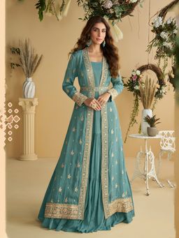 JATRIQQ - Teal Chinon Silk with Embroidered Work Gown with Shrug and Belt