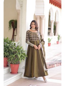 JATRIQQ - Women Olive Vichitra with Rich Sequins and Zari Embroidered Gown