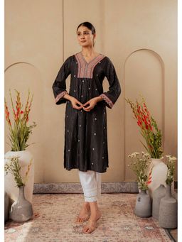 Juniper - Black Striped Viscose Embroidered Mirror Work Kurta