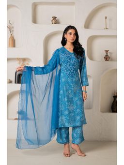Juniper - Women Blue Viscose Beads and Stones Kurta with Pant and Dupatta